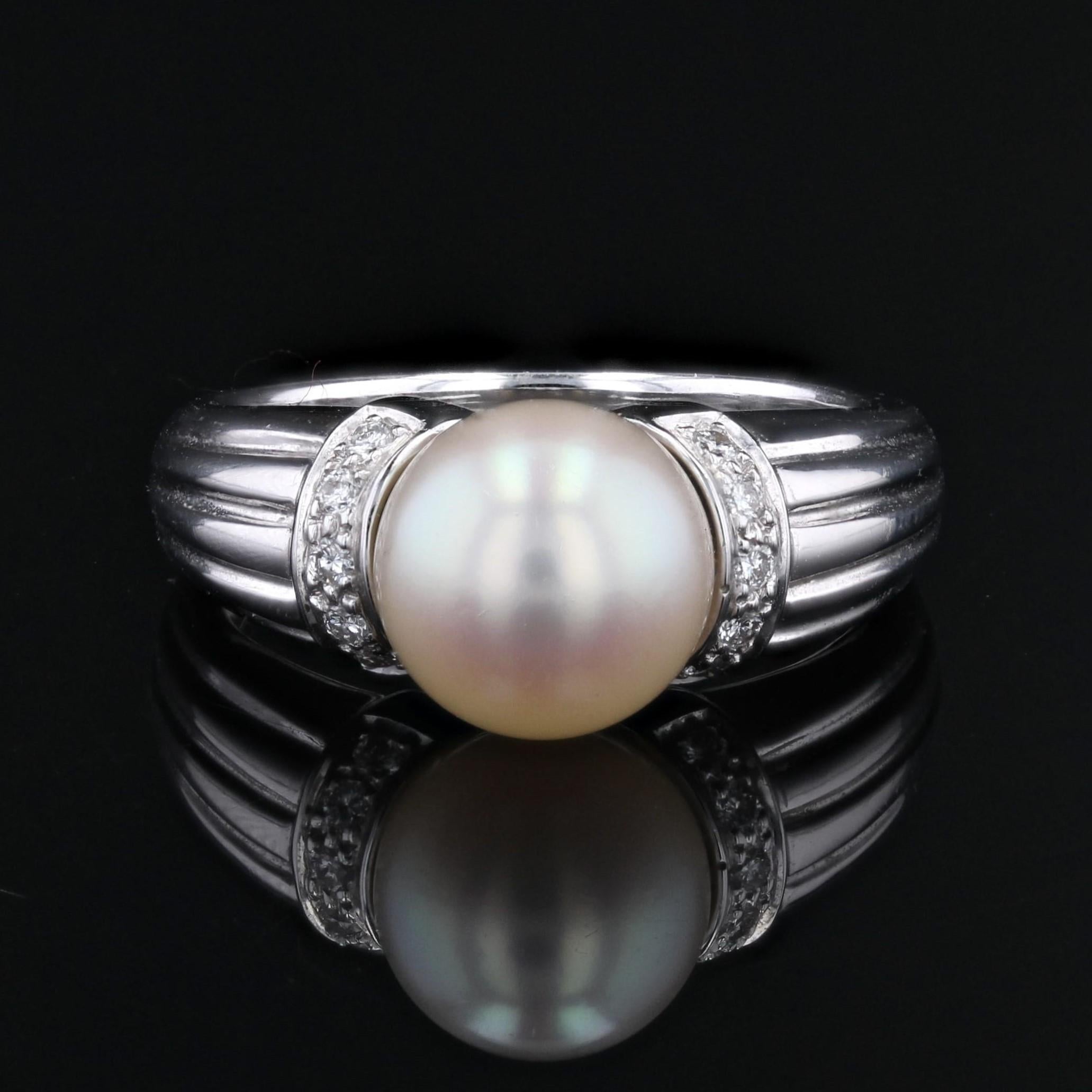 Anello moderno con perle coltivate e diamanti in oro bianco 18 carati In condizioni ottime in vendita a Poitiers, FR