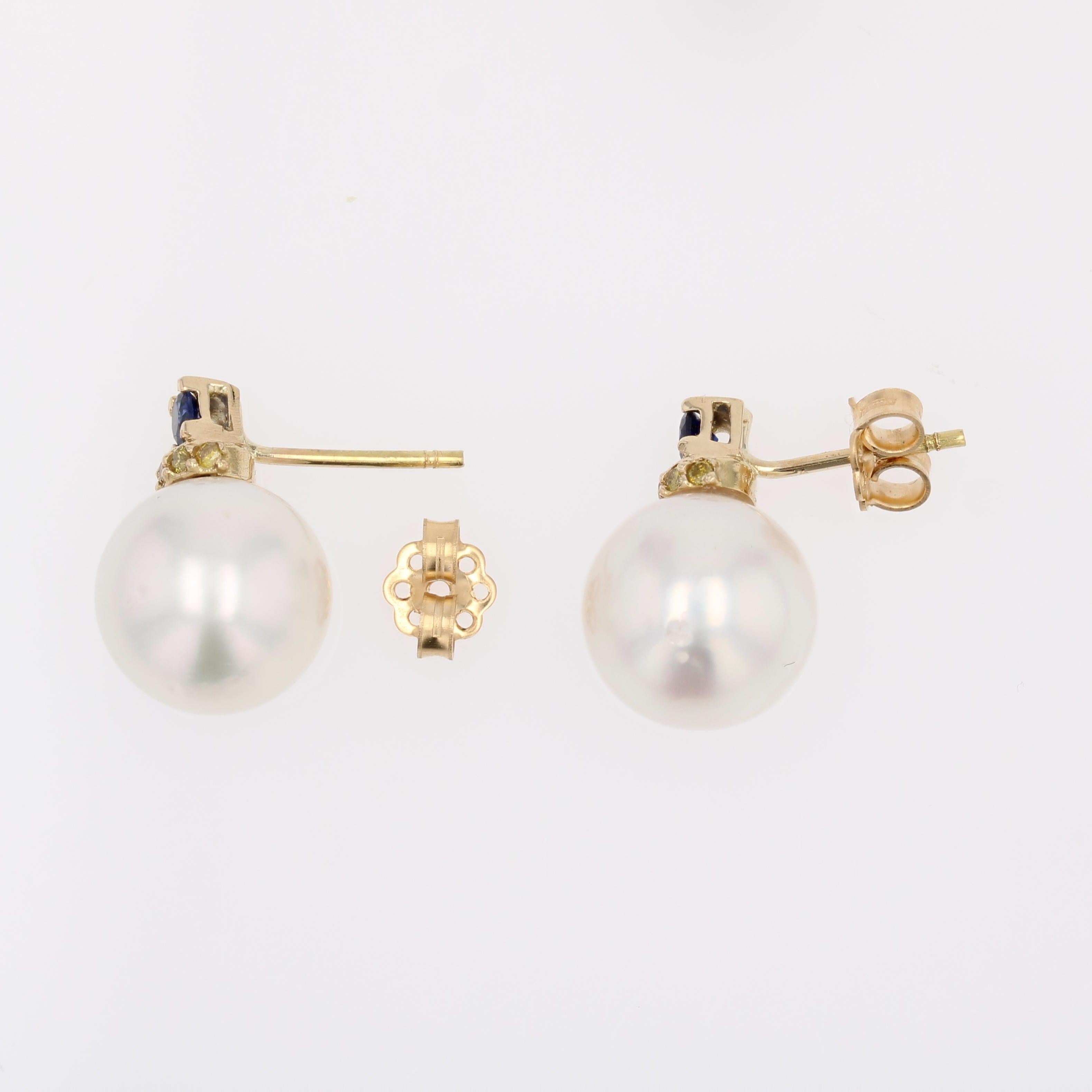 Boucles d'oreilles modernes en or jaune 18 carats avec perles de culture, diamants et saphirs en vente 2