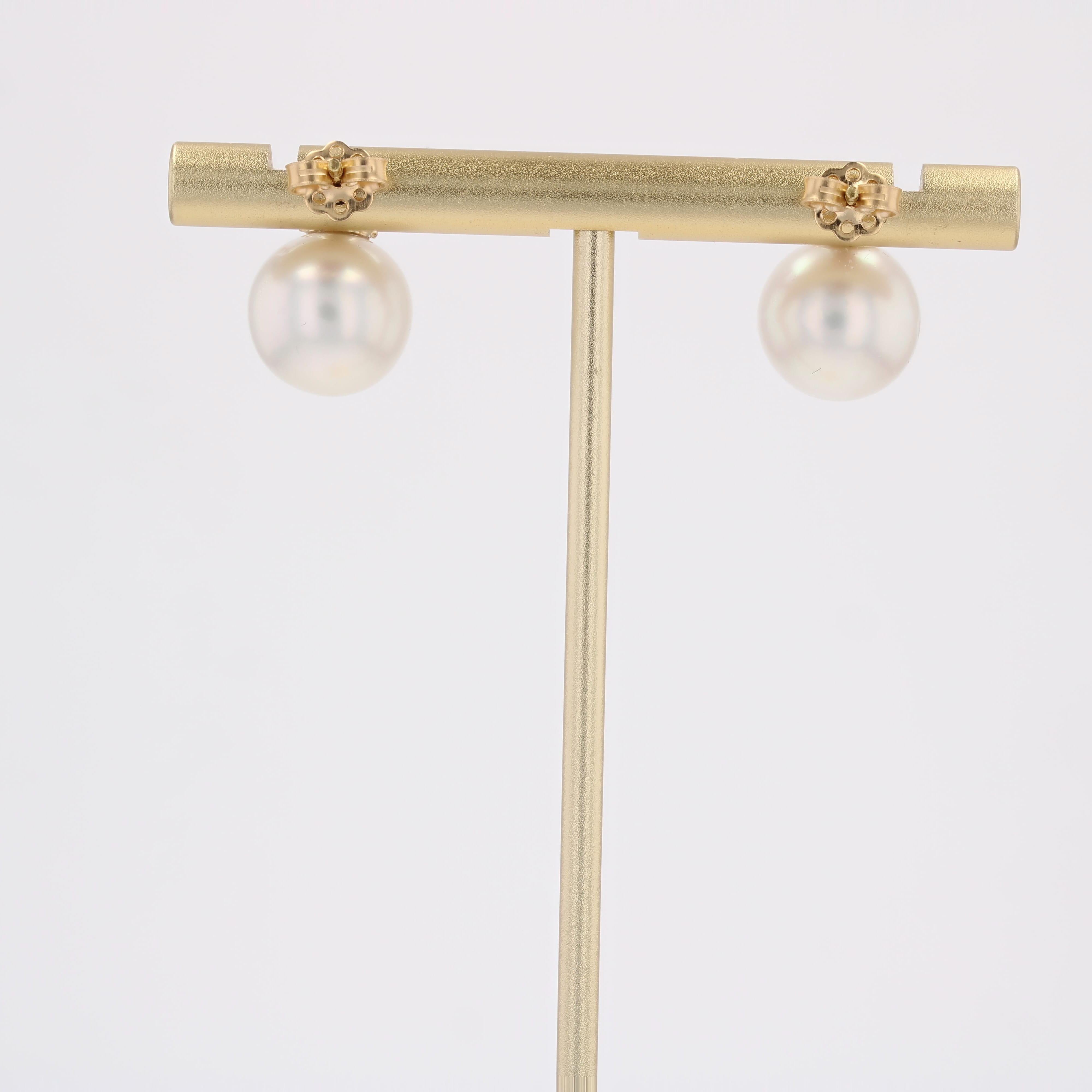 Boucles d'oreilles modernes en or jaune 18 carats avec perles de culture, diamants et saphirs en vente 3