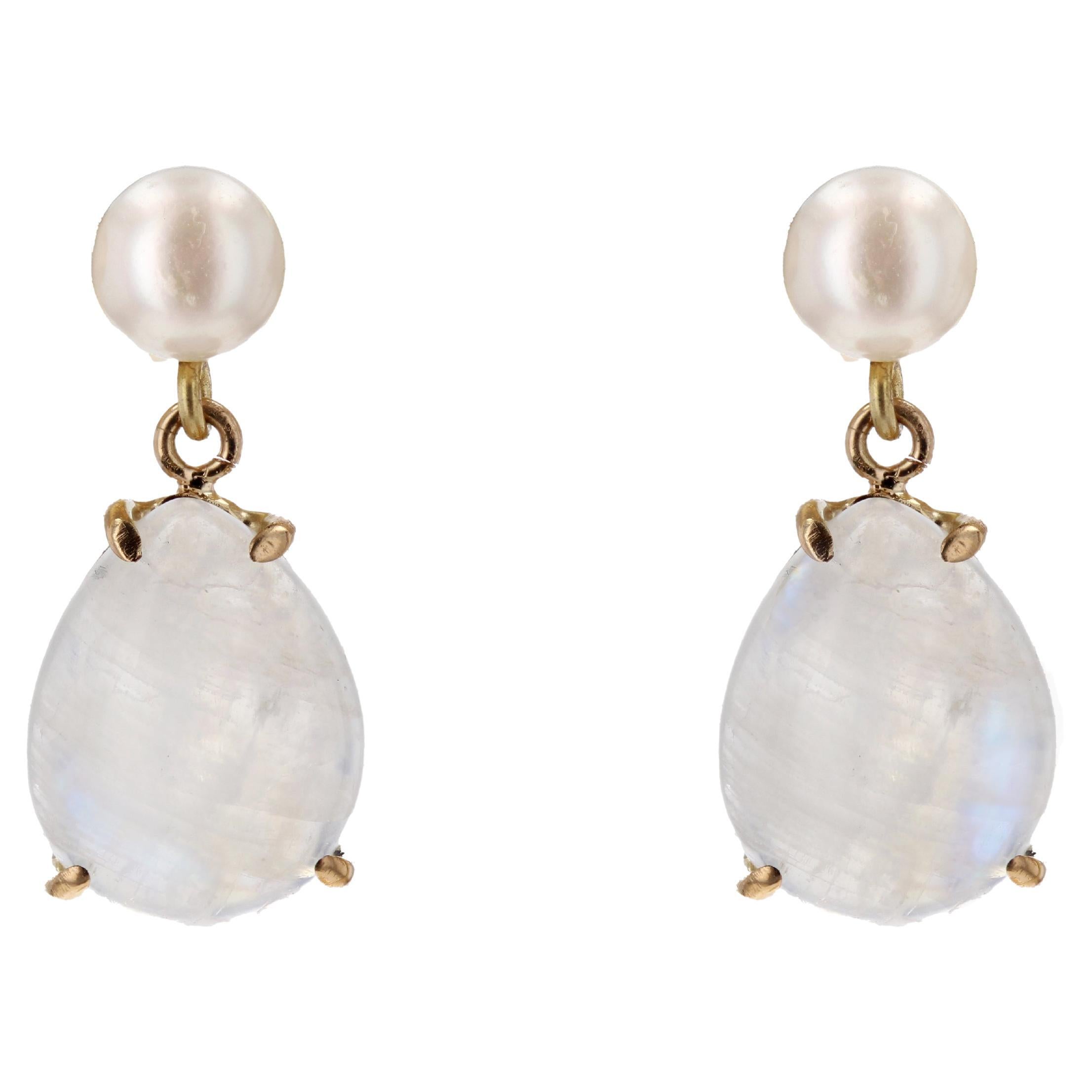 Pendientes Colgantes Modernos de Oro Amarillo de 18 Kilates con Perlas Cultivadas Piedras de Luna