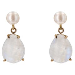 Pendientes Colgantes Modernos de Oro Amarillo de 18 Kilates con Perlas Cultivadas Piedras de Luna
