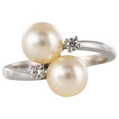 Modern Cultured Pearls Diamonds 18 Karat White Gold You and Me Ring