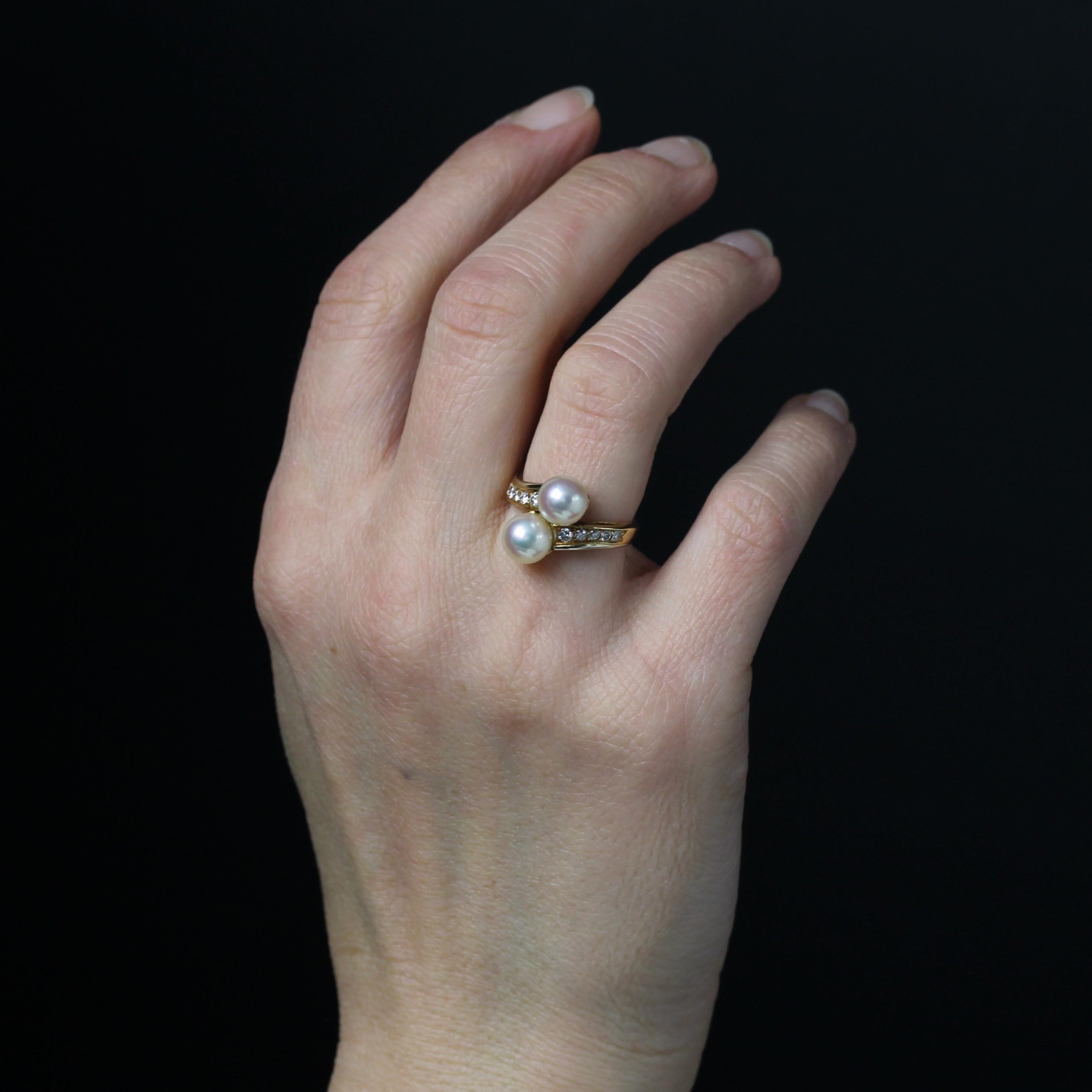 Modern Cultured Pearls Diamonds 18 Karat Yellow Gold You and Me Ring In Excellent Condition For Sale In Poitiers, FR