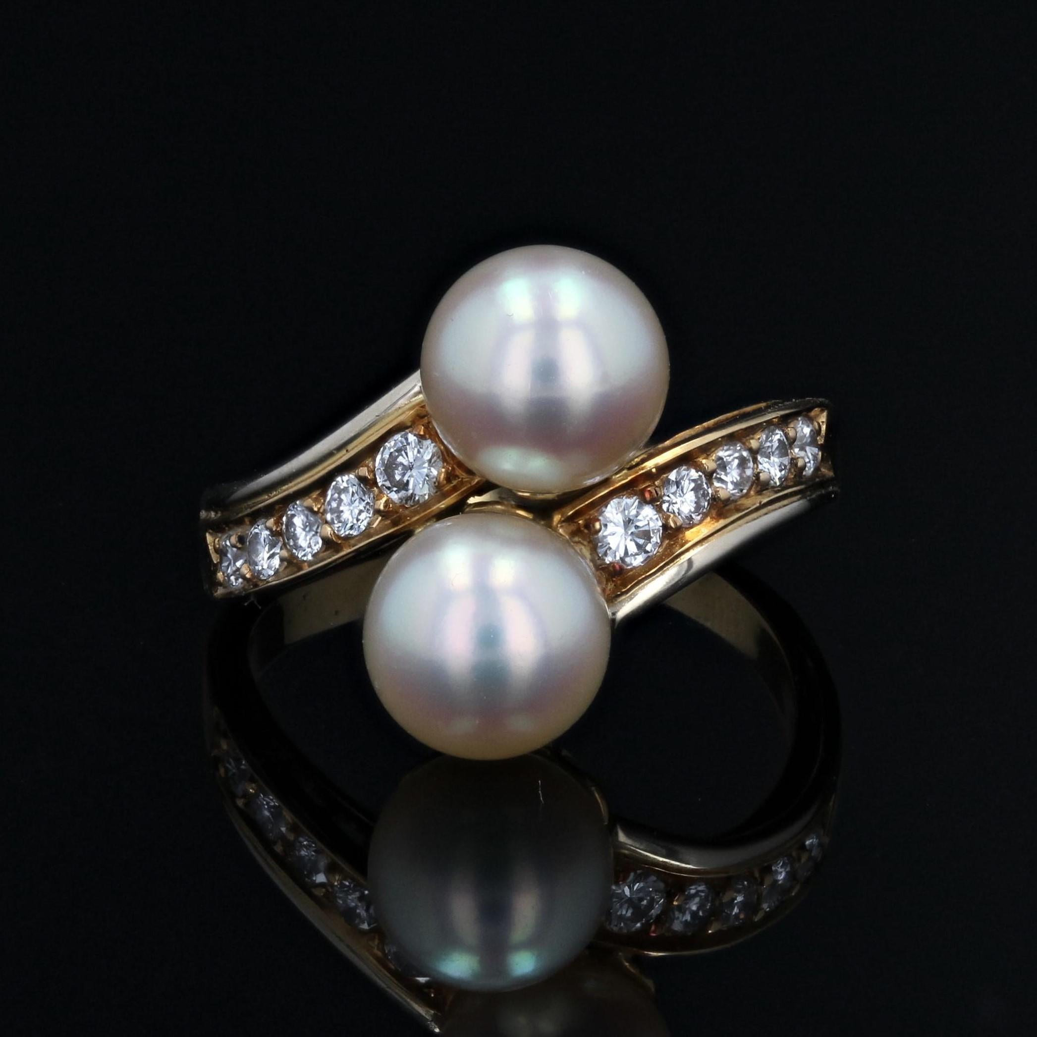 Women's Modern Cultured Pearls Diamonds 18 Karat Yellow Gold You and Me Ring For Sale