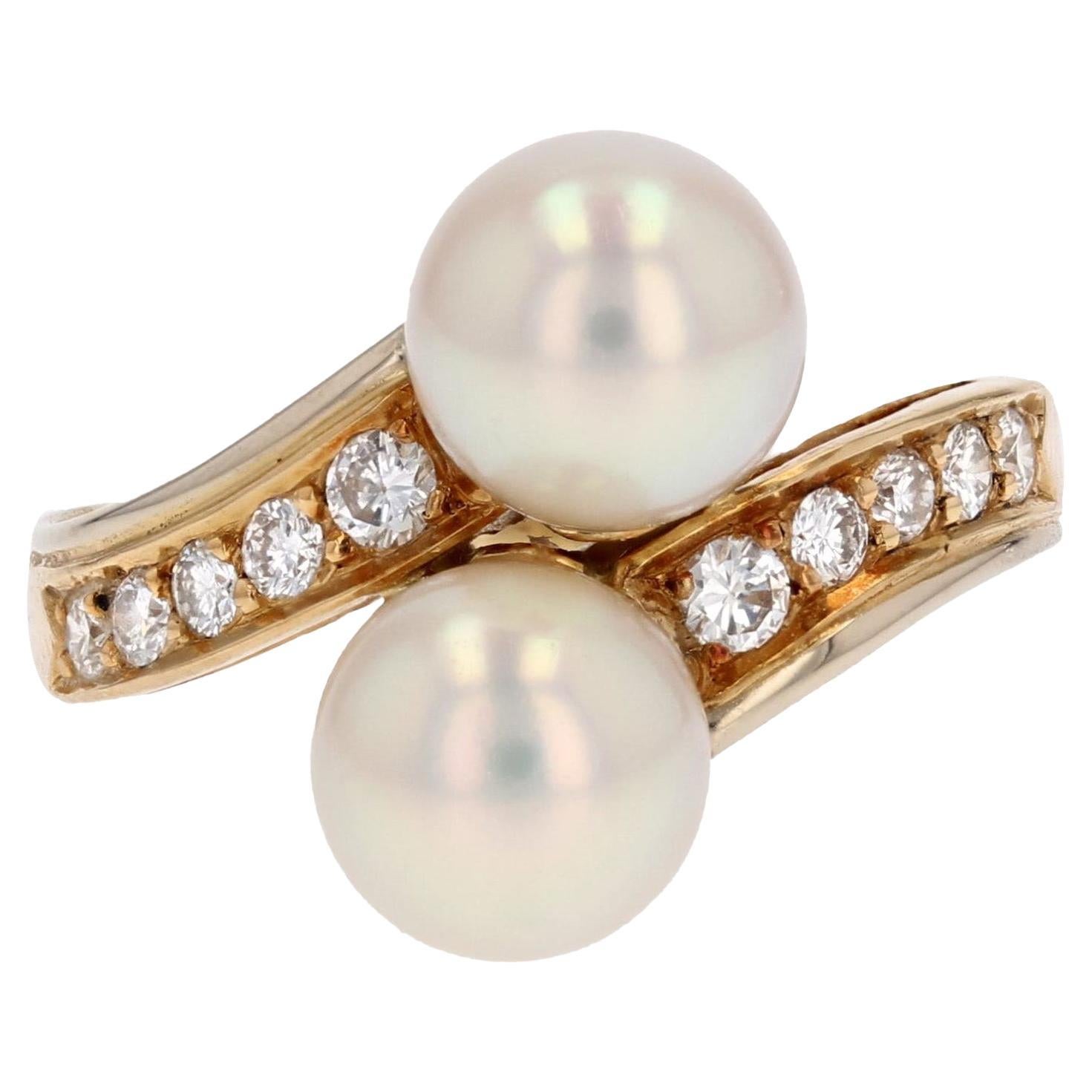 Modern Cultured Pearls Diamonds 18 Karat Yellow Gold You and Me Ring For Sale