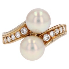 Modern Cultured Pearls Diamonds 18 Karat Yellow Gold You and Me Ring