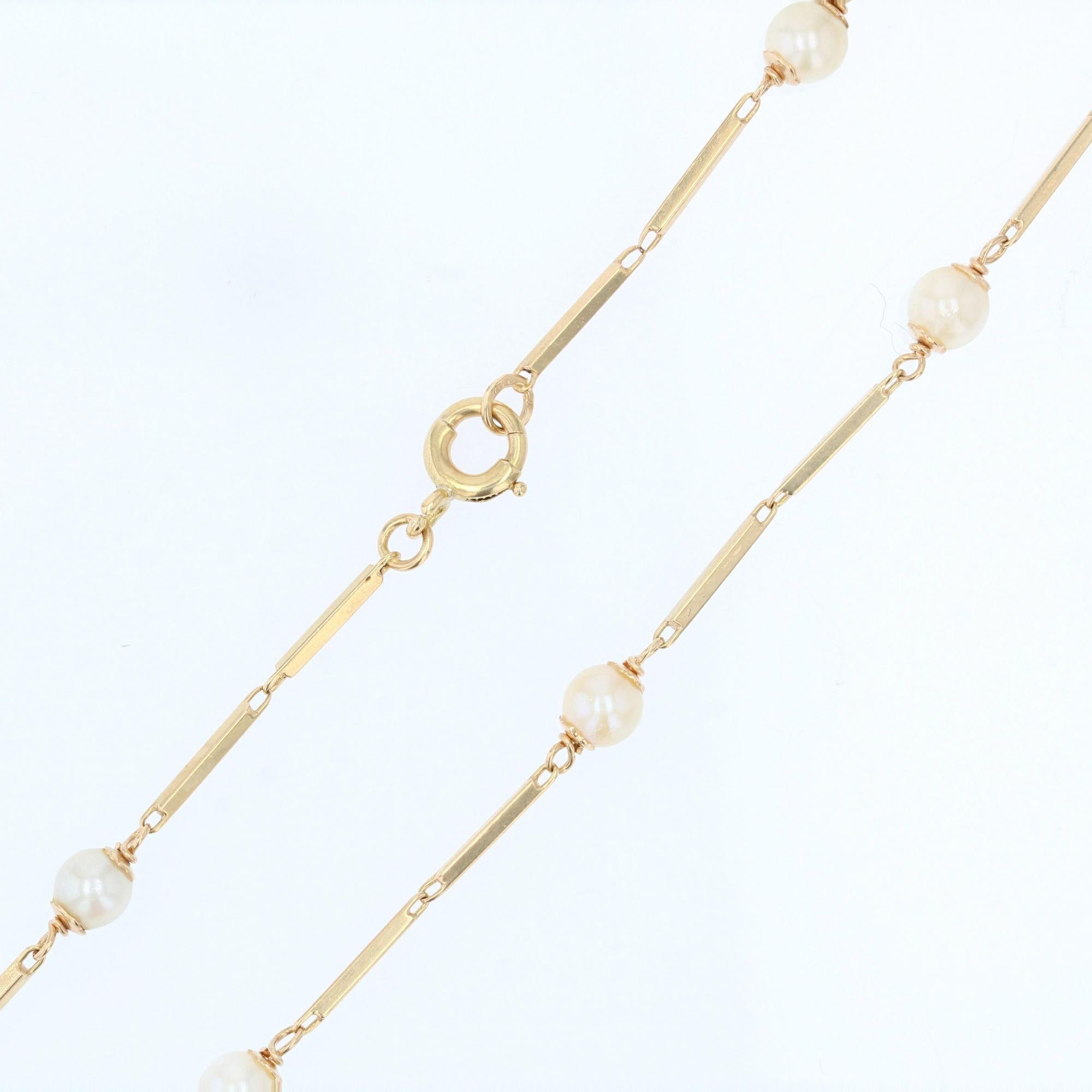 Modern Cultured Pearls Stick Mesh 18 Karat Yellow Gold Necklace For Sale 1