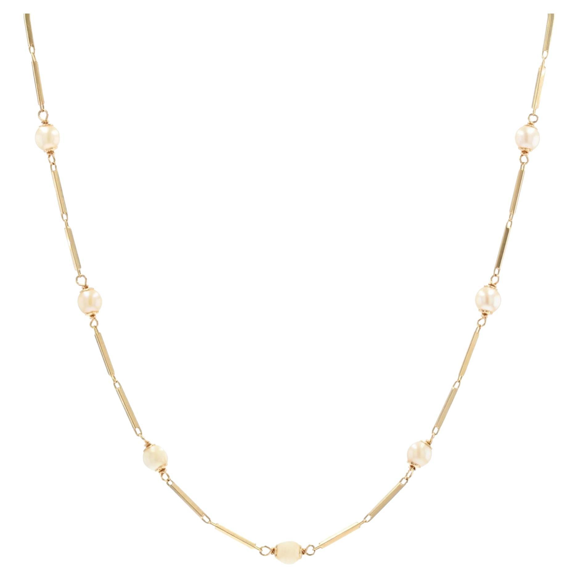 Modern Cultured Pearls Stick Mesh 18 Karat Yellow Gold Necklace For Sale