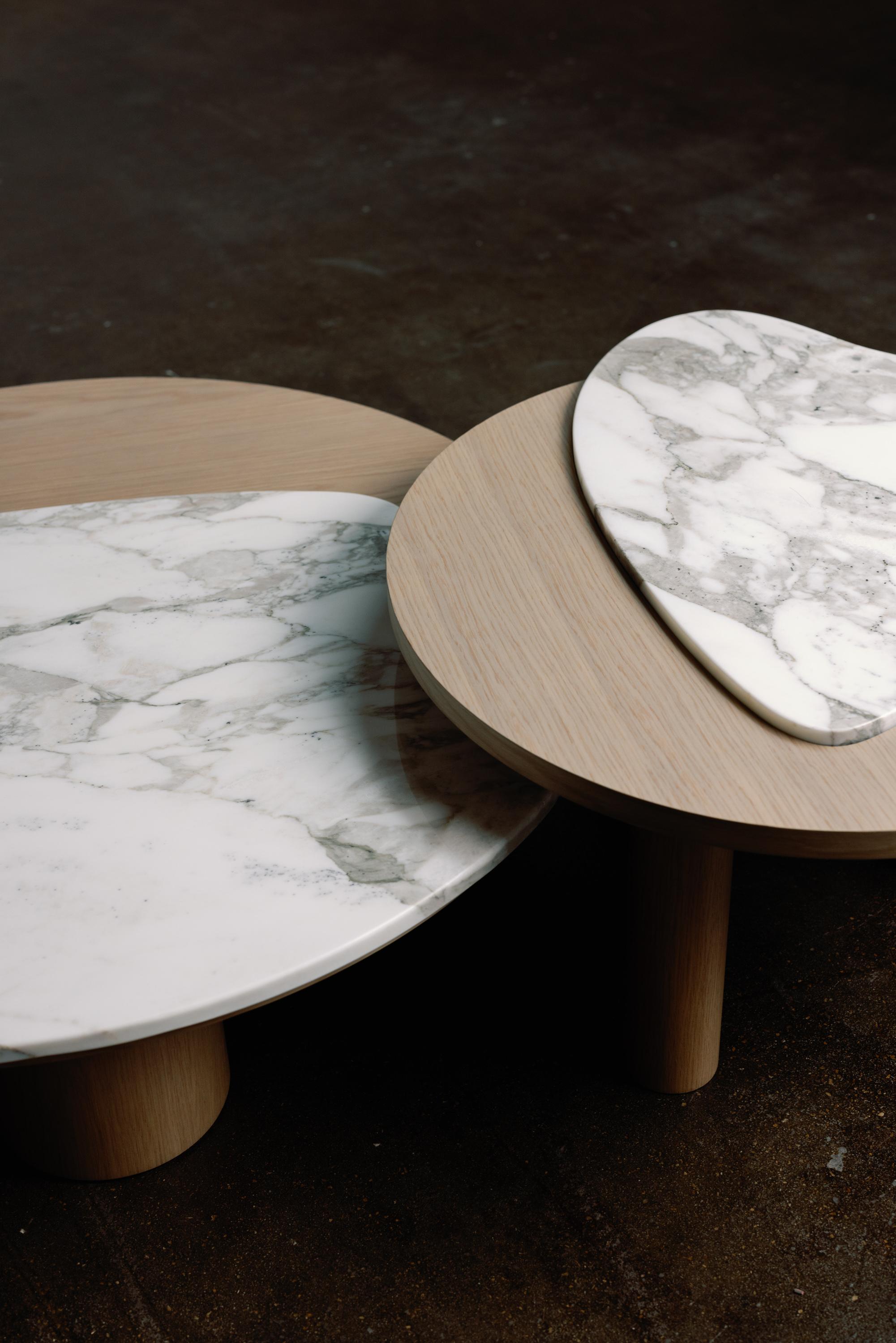Contemporary Modern Curve Nesting Coffee Tables Marble Oak Handmade in Portugal by Greenapple For Sale