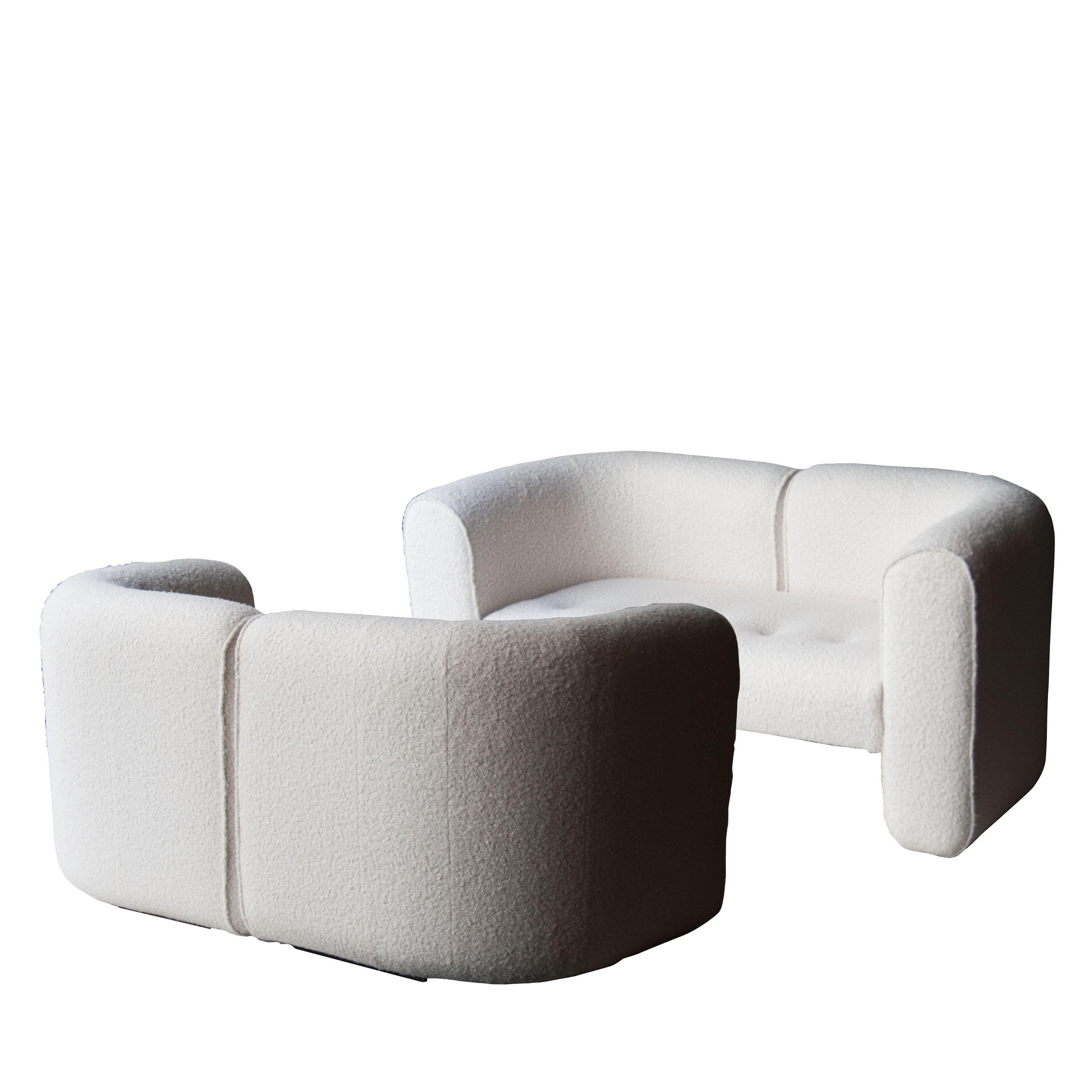 Pair of sofas with wooden structure upholstered in white wool boucle, Sweden, 1970.