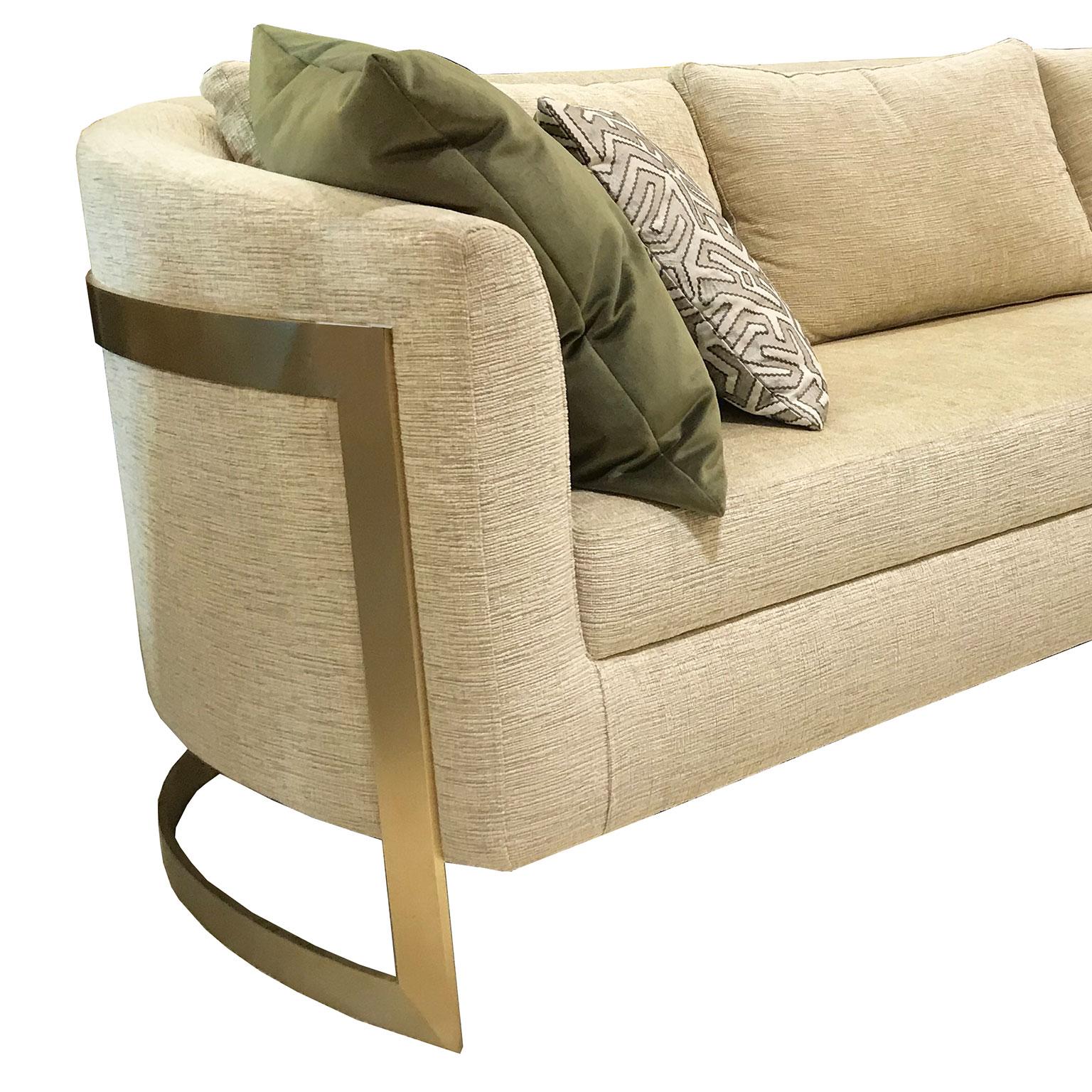 European Modern Curved Arm Upholstered Sofa with Brass Legs For Sale