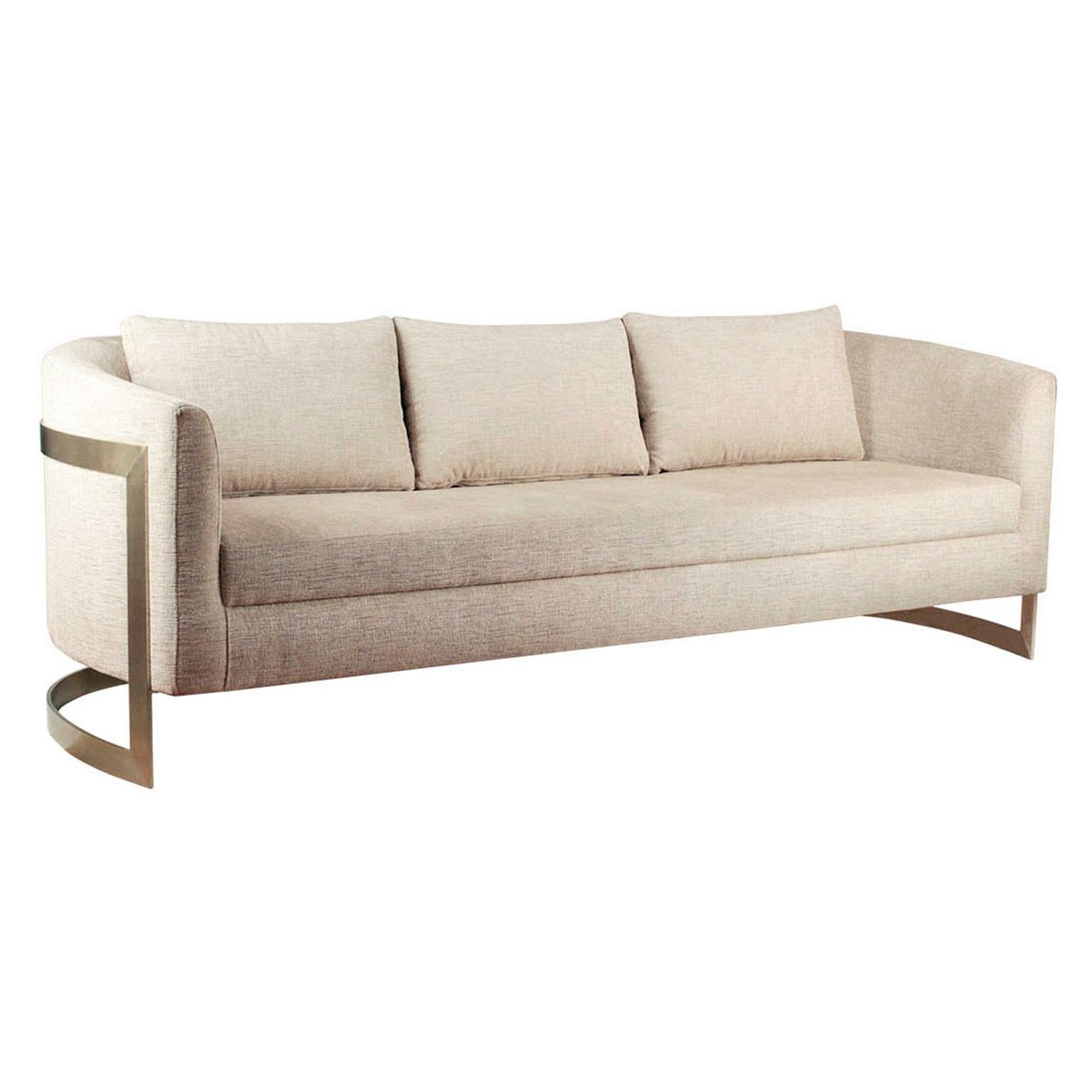 Modern Curved Arm Upholstered Sofa with Brass Legs For Sale