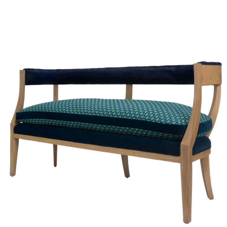 Modern Curved Back Dining Bench With Cowhide Backing For Sale At