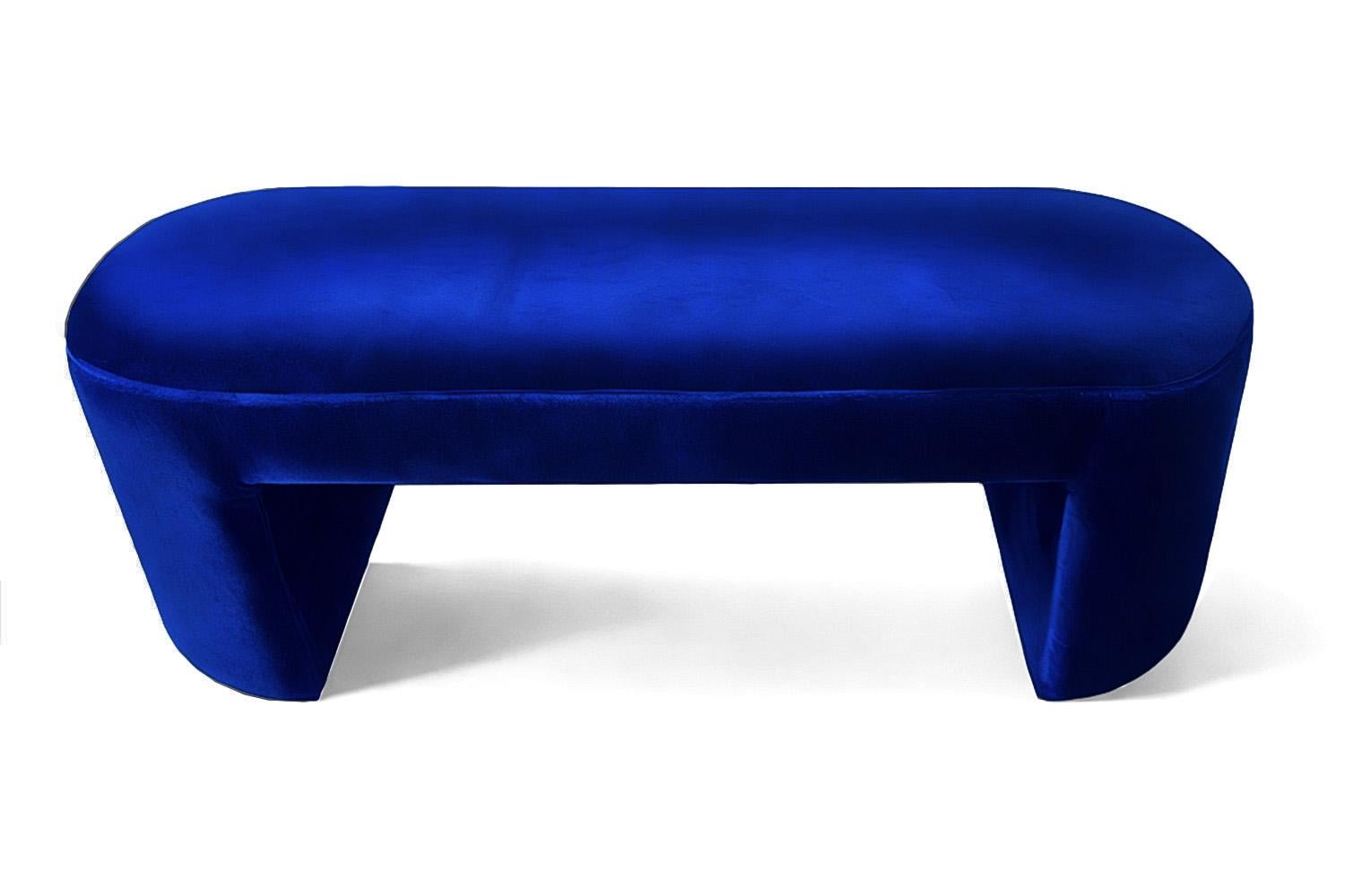 Spanish Modern Curved Blue Velvet Bench Deleite For Sale