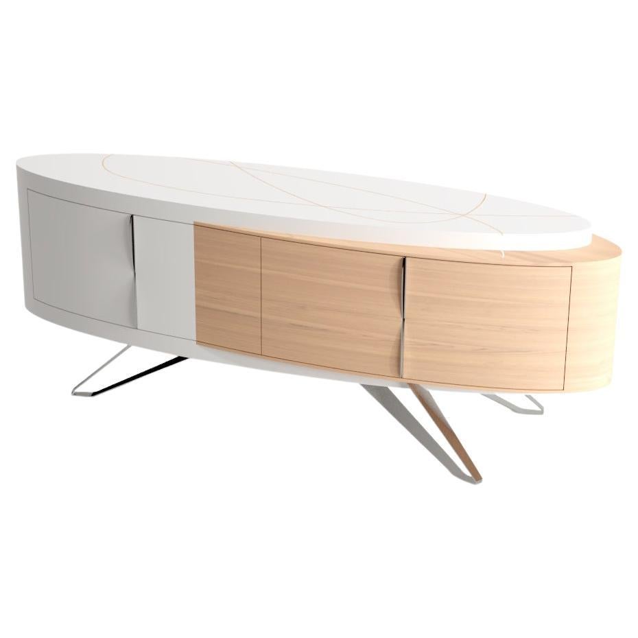 Modern Curved Credenza Sideboard Oak Wood White Lacquer Polished Stainless Steel