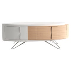 Aparador Credenza Curvo Moderno Madera de Roble Laca Blanca Acero Inoxidable Pulido