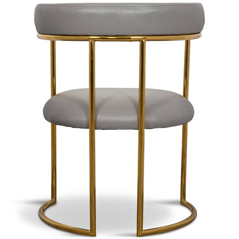 Modern Curved Dining Chair In Grey Leather With Brass Frame