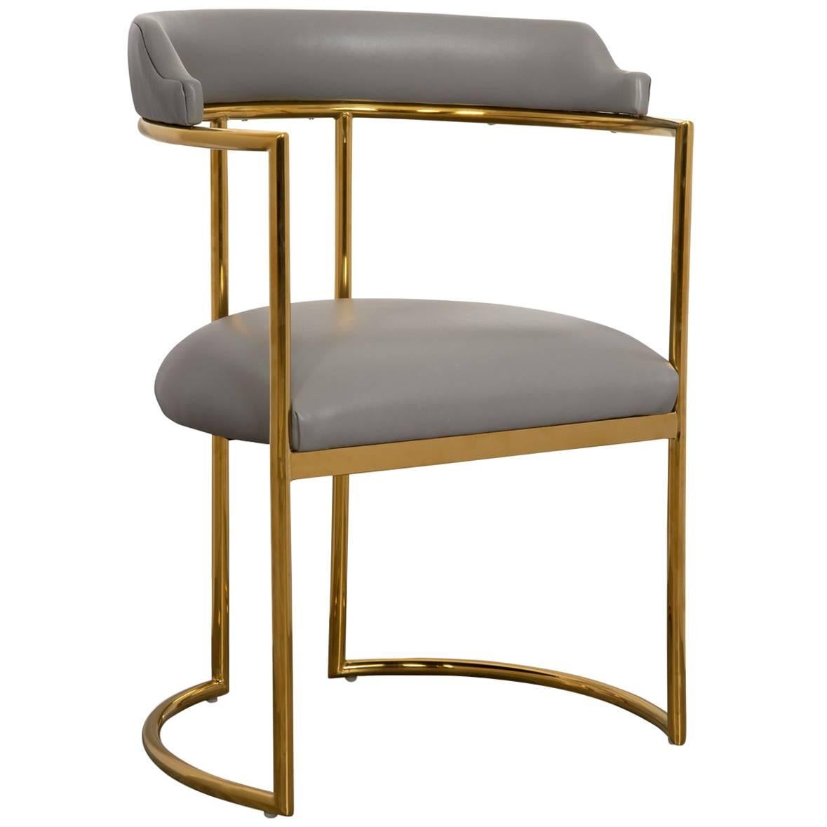 Modern Curved Dining Chair in Grey leather with Brass Frame Acapulco 2