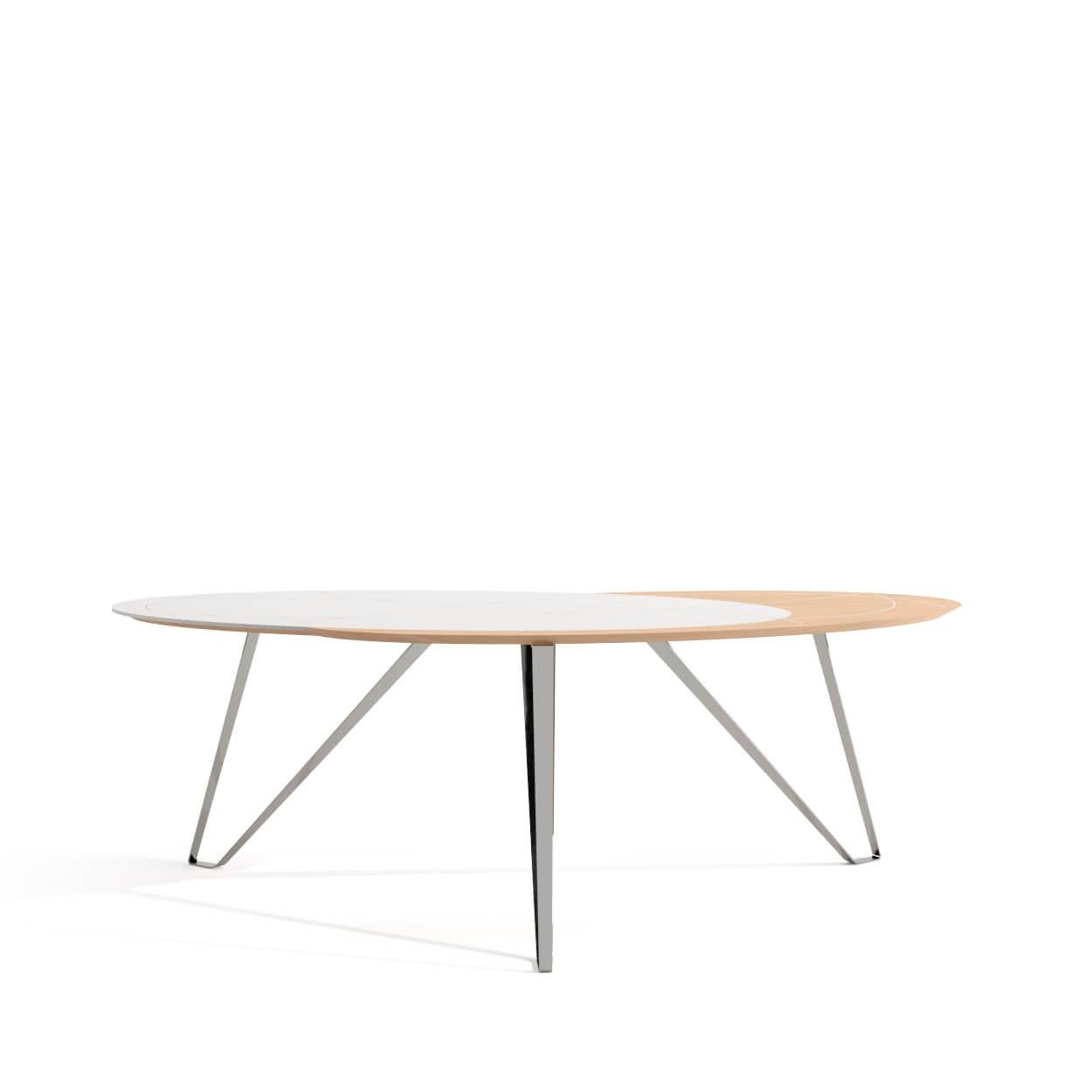 La collection Orbit est parfaite pour les intérieurs décontractés, pleins de lumière et de personnalité. Le Home Desk a une forme ovale, avec du bois de chêne et du bois laqué blanc interconnectés sur son plateau. Les pieds sont en acier inoxydable