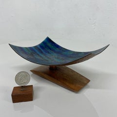 1980s Curved Blue Enamel Sculpture Koa Wood Base