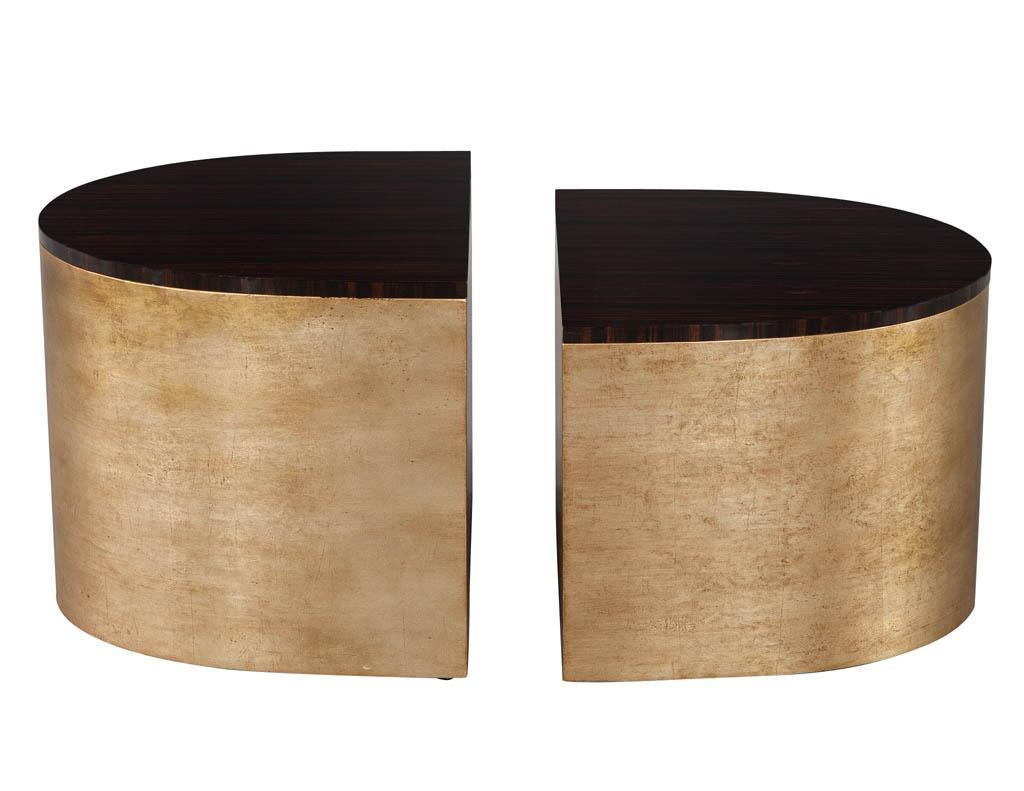 Modern Curved Macassar Cocktail accent tables in antiqued silver leaf. Beautiful hand polished high gloss macassar tops with rich detailed wood grain pattern. Resting upon demi-lune curved pedestals in hand applied silver leafing with an antiqued