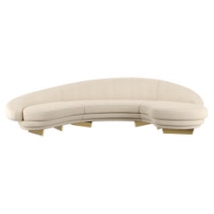 Modern Curved Serpentine Sofa in Beige Velvet W Gold & Wood Details