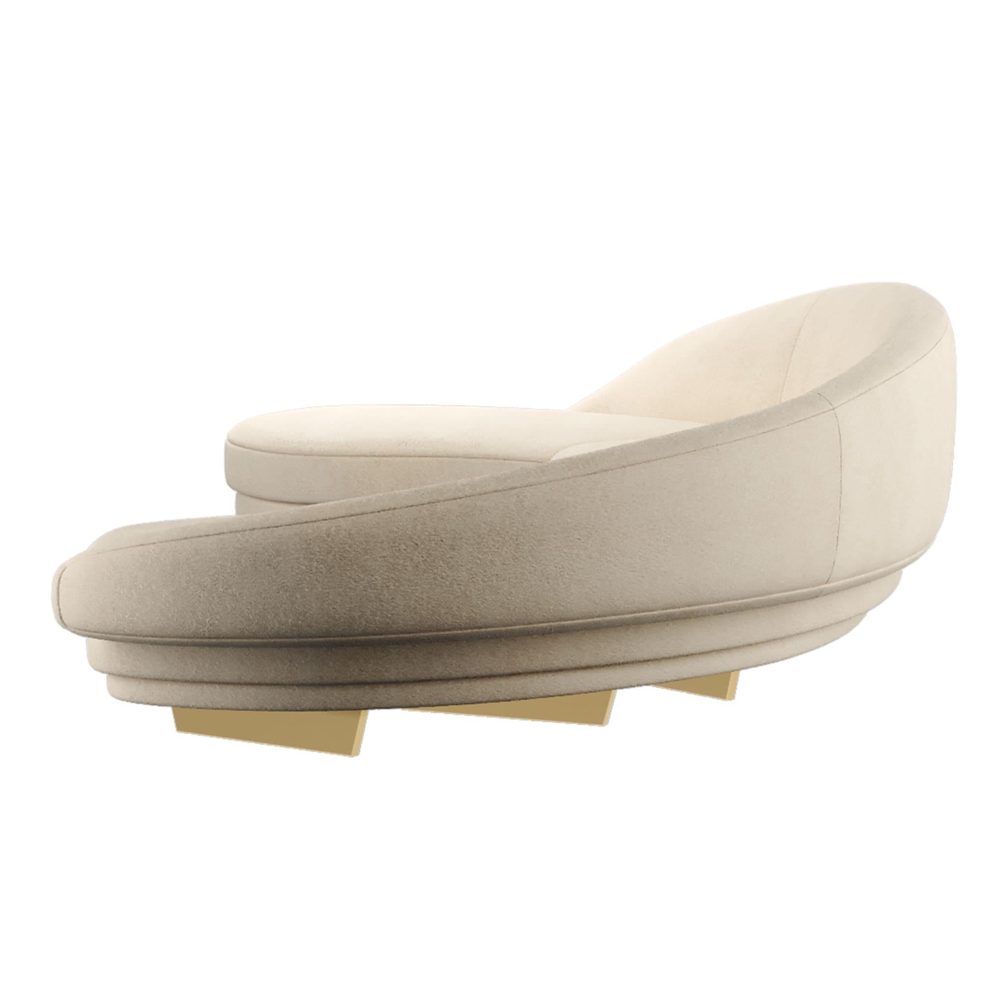 Brass Modern Curved Serpentine Sofa in Beige Velvet W Gold & Wood Details For Sale