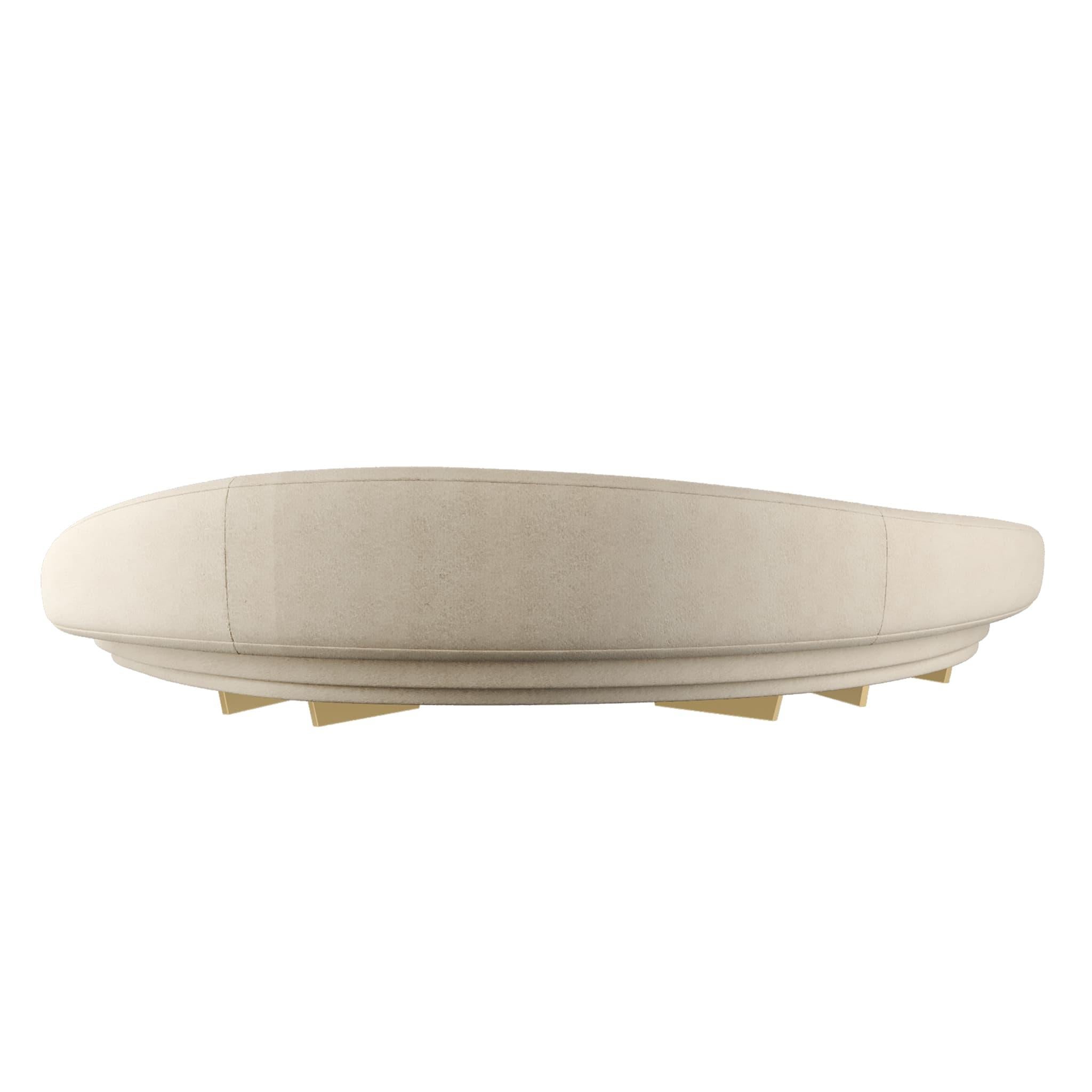 Modern Curved Serpentine Sofa in Beige Velvet W Gold & Wood Details For Sale 1