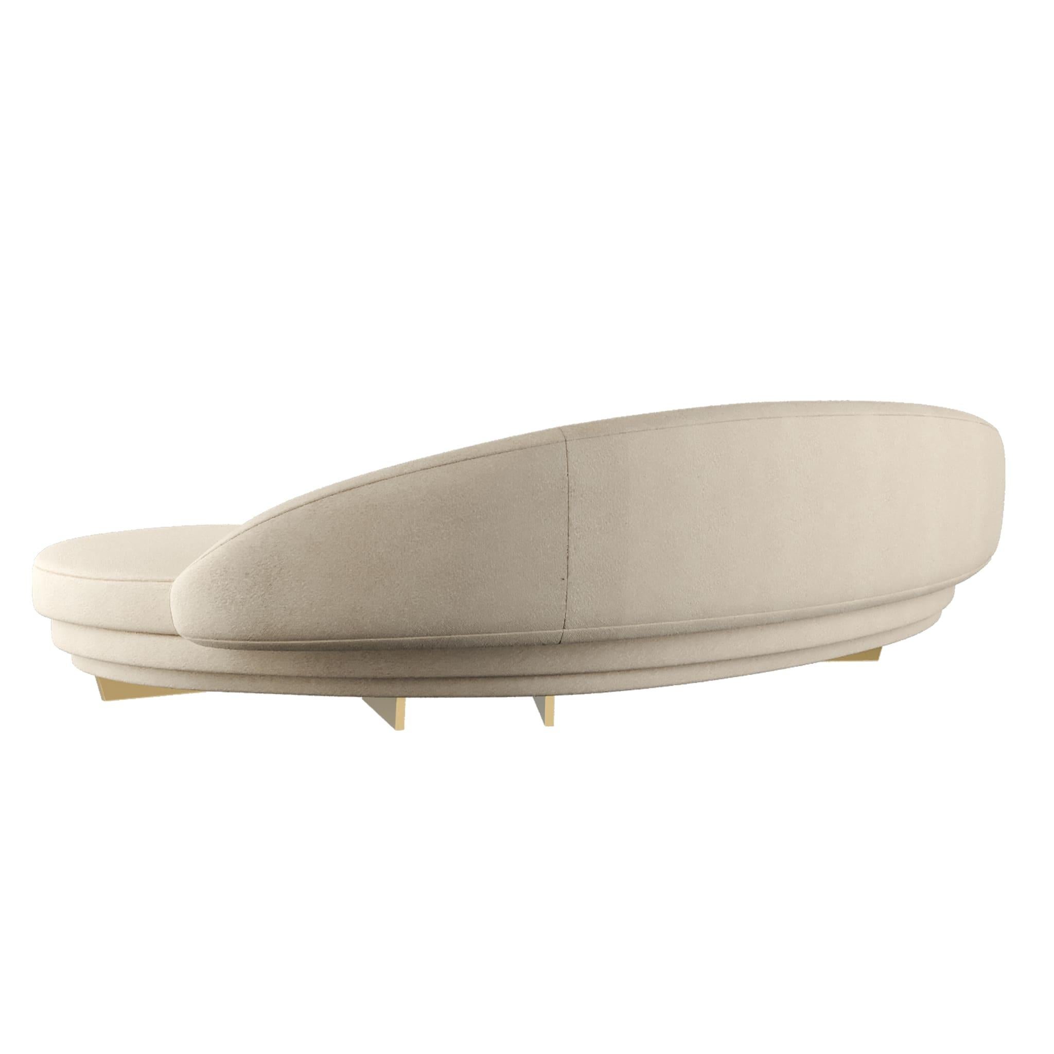 Contemporary Modern Curved Serpentine Sofa in Beige Velvet W Gold & Wood Details For Sale