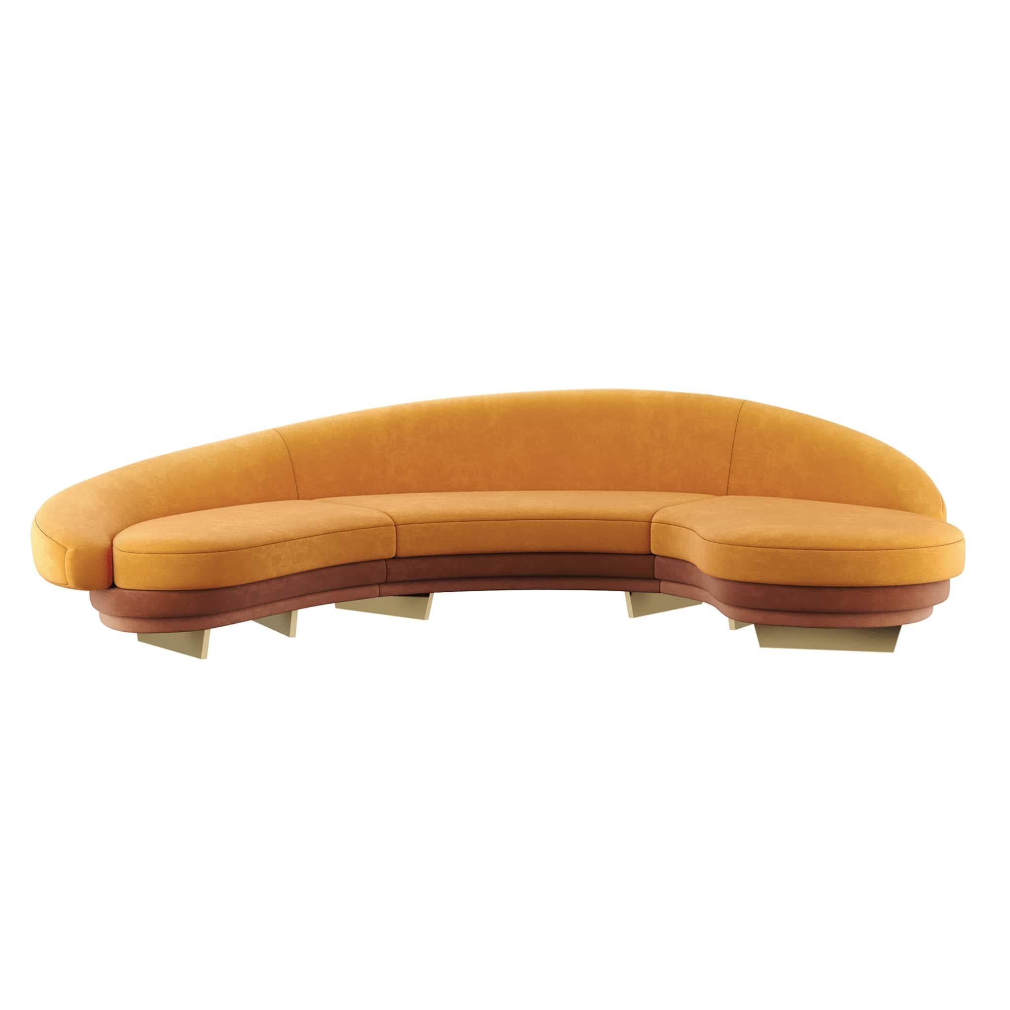 Mid-Century Modern Canapé moderne incurvé en velours orange avec détails en bois et or en vente