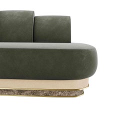 Modern Curved-Shape Sofa Velvet Upholstery, Wood Base & Polished Brass Detail