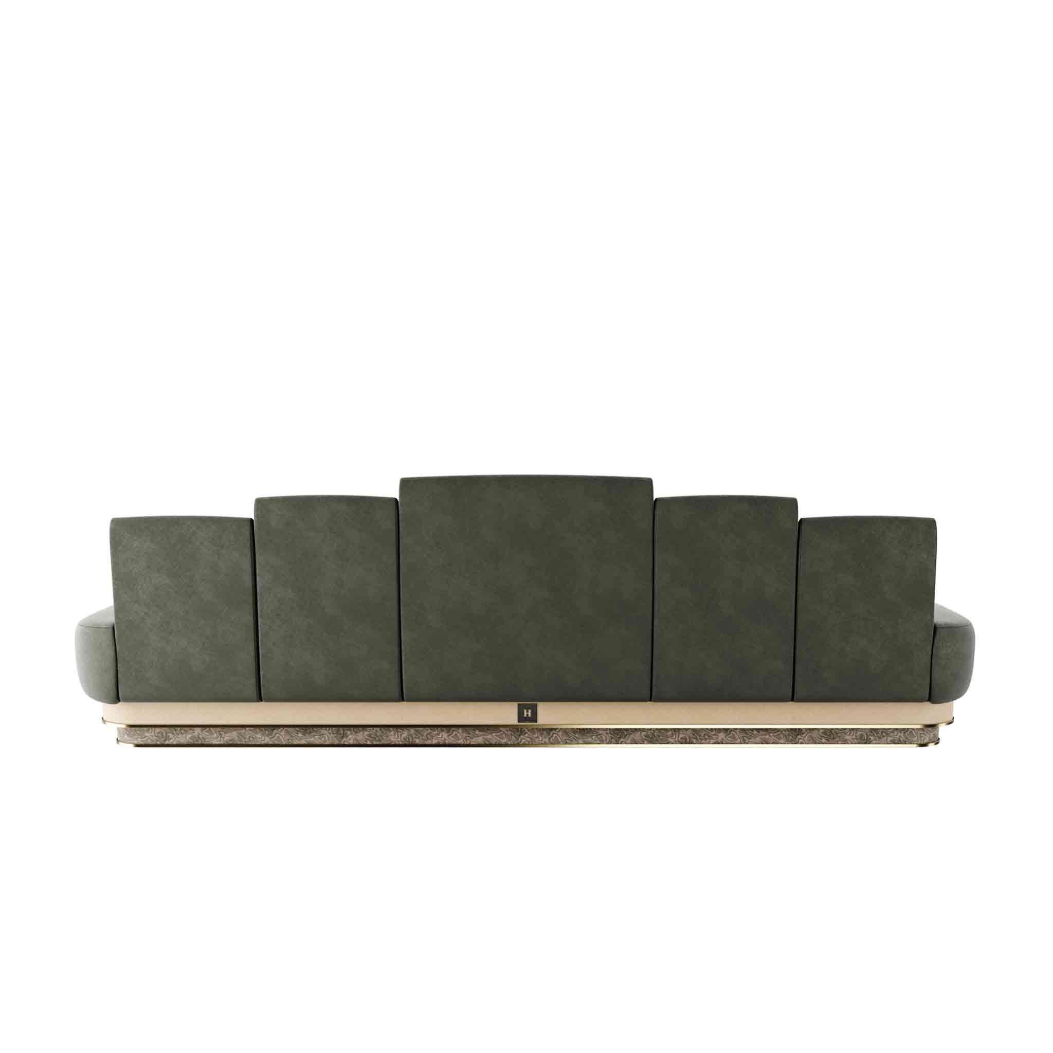 Art Deco Modern Curved-Shape Sofa Velvet Upholstery, Wood Base & Polished Brass Detail For Sale