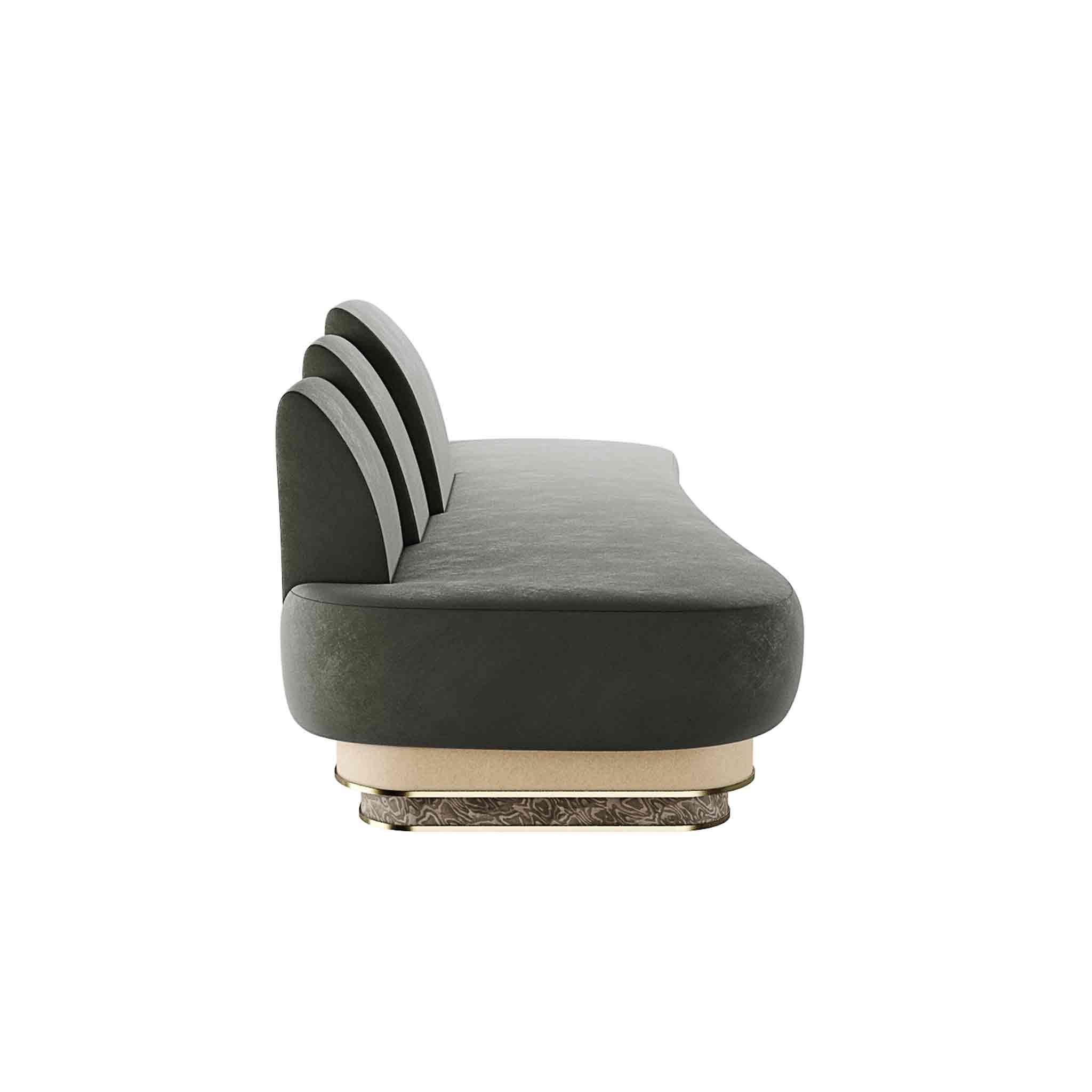 Portuguese Modern Curved-Shape Sofa Velvet Upholstery, Wood Base & Polished Brass Detail For Sale