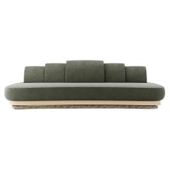 Modern Curved-Shape Sofa Velvet Upholstery, Wood Base & Polished Brass Detail