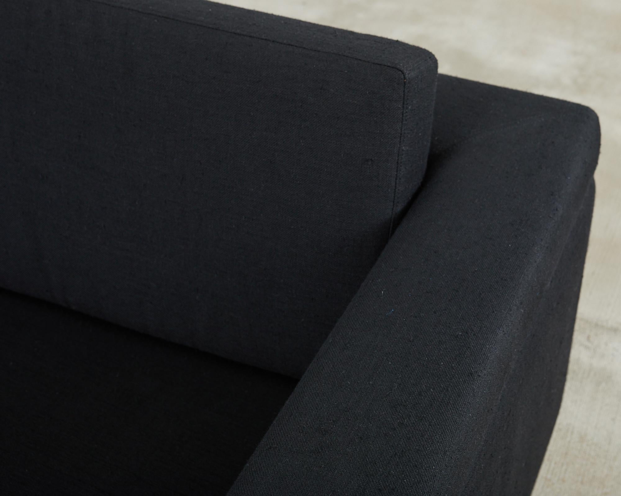 Modern Curved Sofa in Black Linen After Edward Wormley For Sale 10