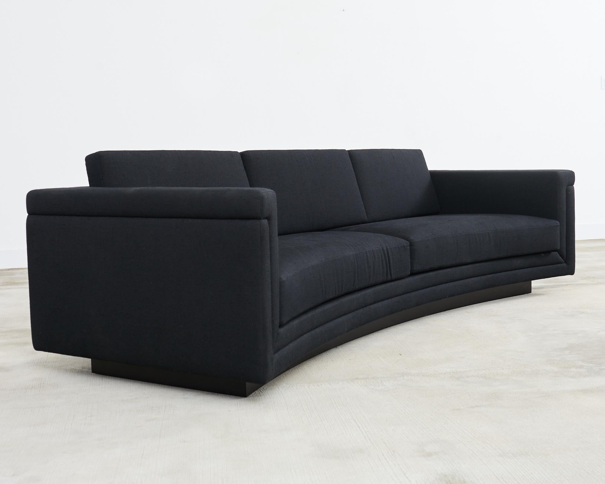 American Modern Curved Sofa in Black Linen After Edward Wormley For Sale