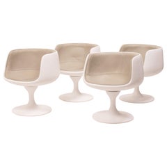 Modern Curved White and Taupe Grey Leather Swivel Tulip Dining Chairs, Set of 4