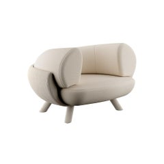 Modern Curved White Armchair Upholstered in Velvet & Corduroy Plush Armrests