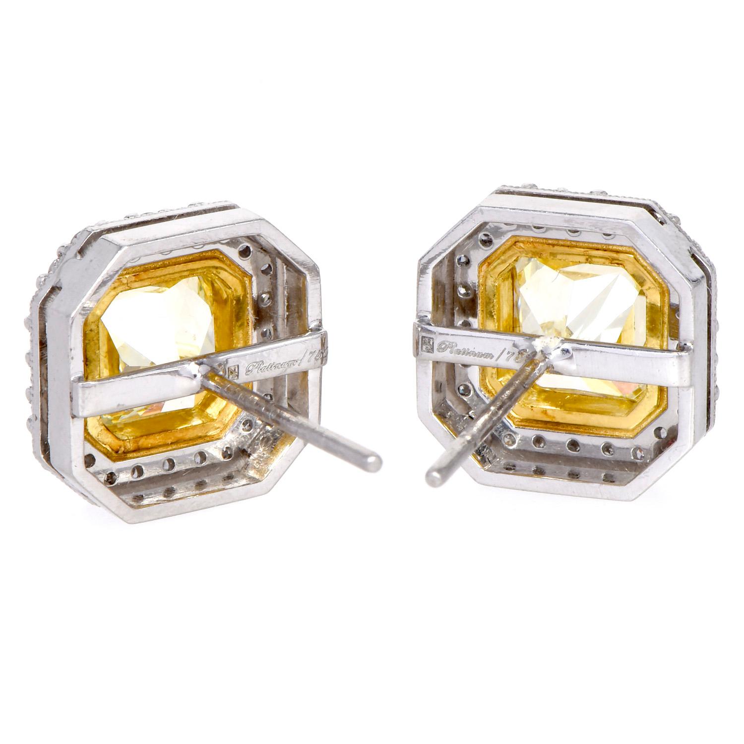 Cushion Cut Modern Cushion 3.65cts Fancy Yellow Diamond Platinum Gold Halo Stud Earrings For Sale