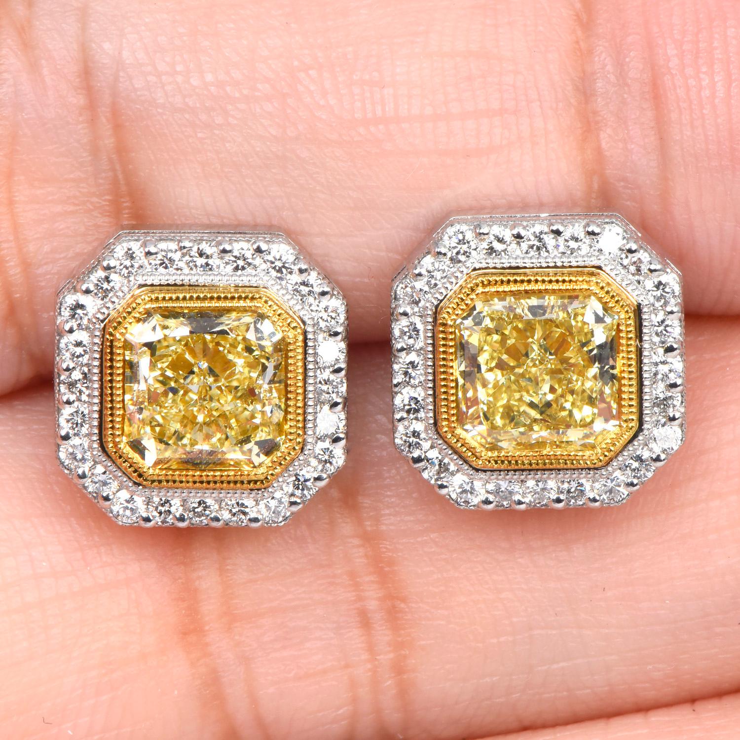 Modern Cushion 3.65cts Fancy Yellow Diamond Platinum Gold Halo Stud Earrings In New Condition For Sale In Miami, FL
