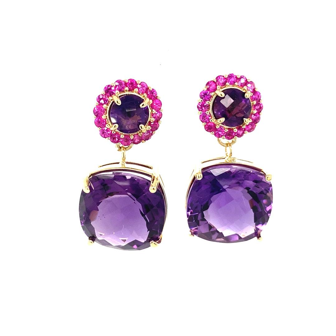 Moderne Pendants d'oreilles modernes en or jaune 14 carats avec améthyste taillée en coussin et saphir rose en vente