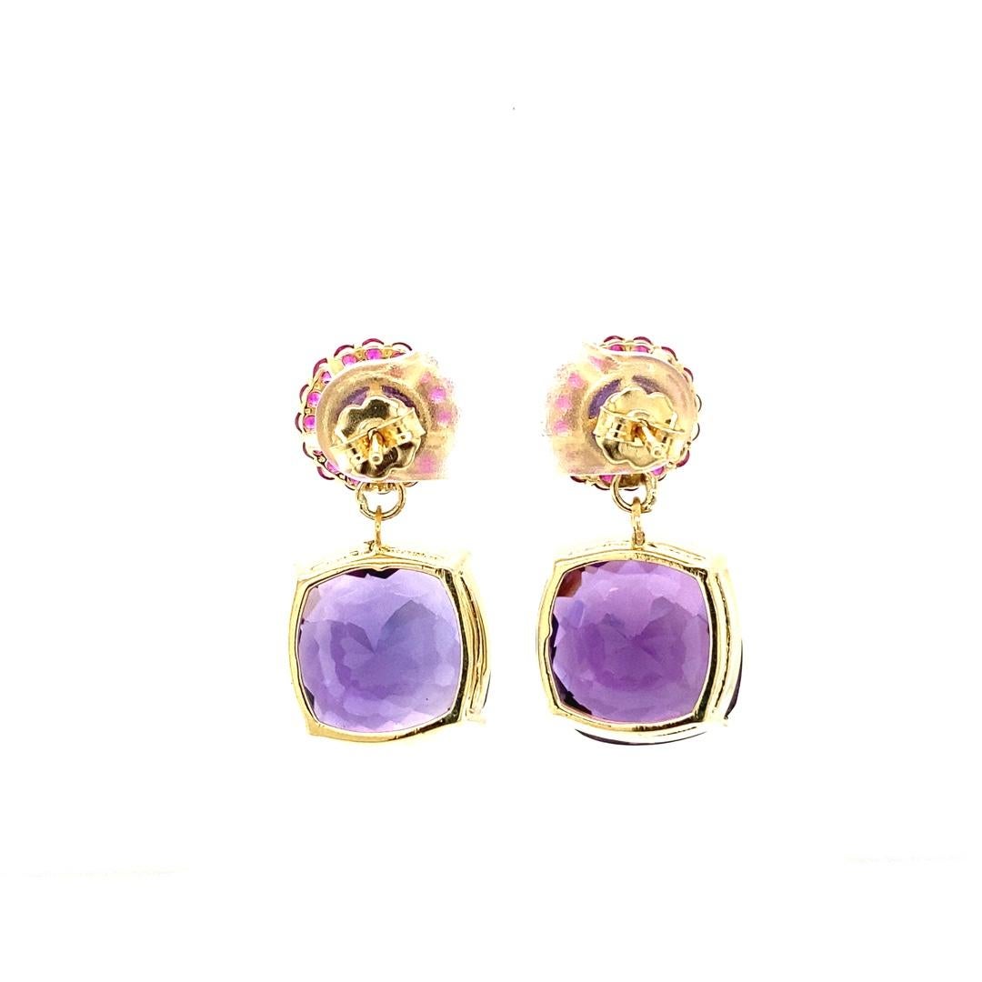 Pendants d'oreilles modernes en or jaune 14 carats avec améthyste taillée en coussin et saphir rose Neuf - En vente à Los Angeles, CA