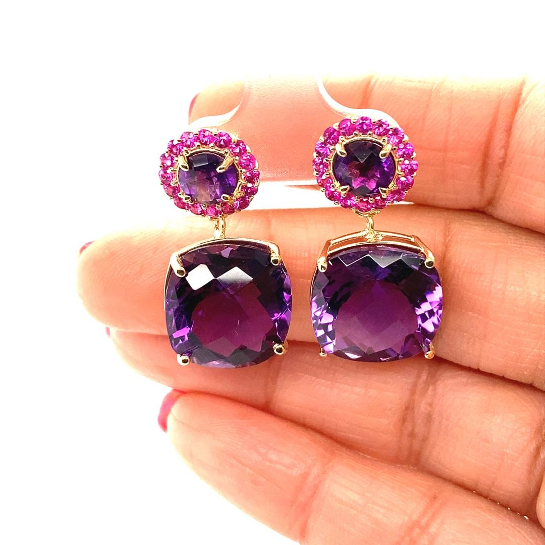 Pendants d'oreilles modernes en or jaune 14 carats avec améthyste taillée en coussin et saphir rose Pour femmes en vente