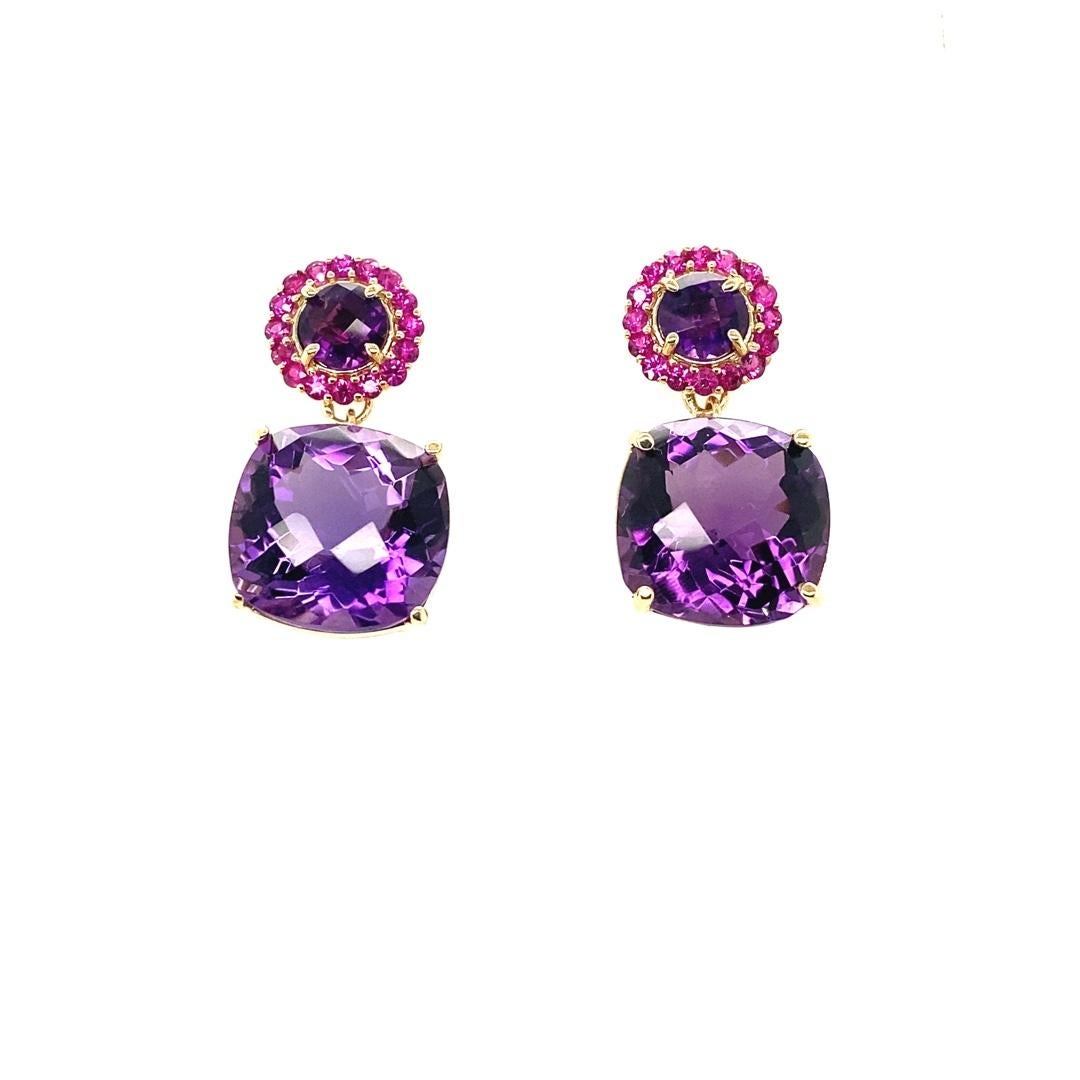 Pendants d'oreilles modernes en or jaune 14 carats avec améthyste taillée en coussin et saphir rose en vente 1