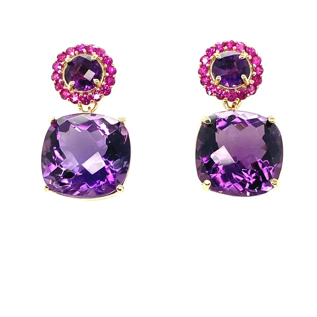 Pendants d'oreilles modernes en or jaune 14 carats avec améthyste taillée en coussin et saphir rose en vente 2