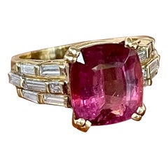 Modern Cushion Cut Pink Tourmaline and Diamond 18 Karat Yellow Gold Ring