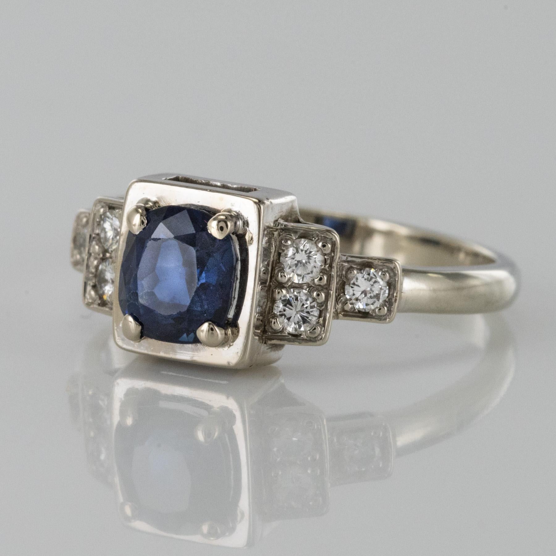Modern Cushion Sapphire Diamond Art Deco Spirit Ring In New Condition In Poitiers, FR