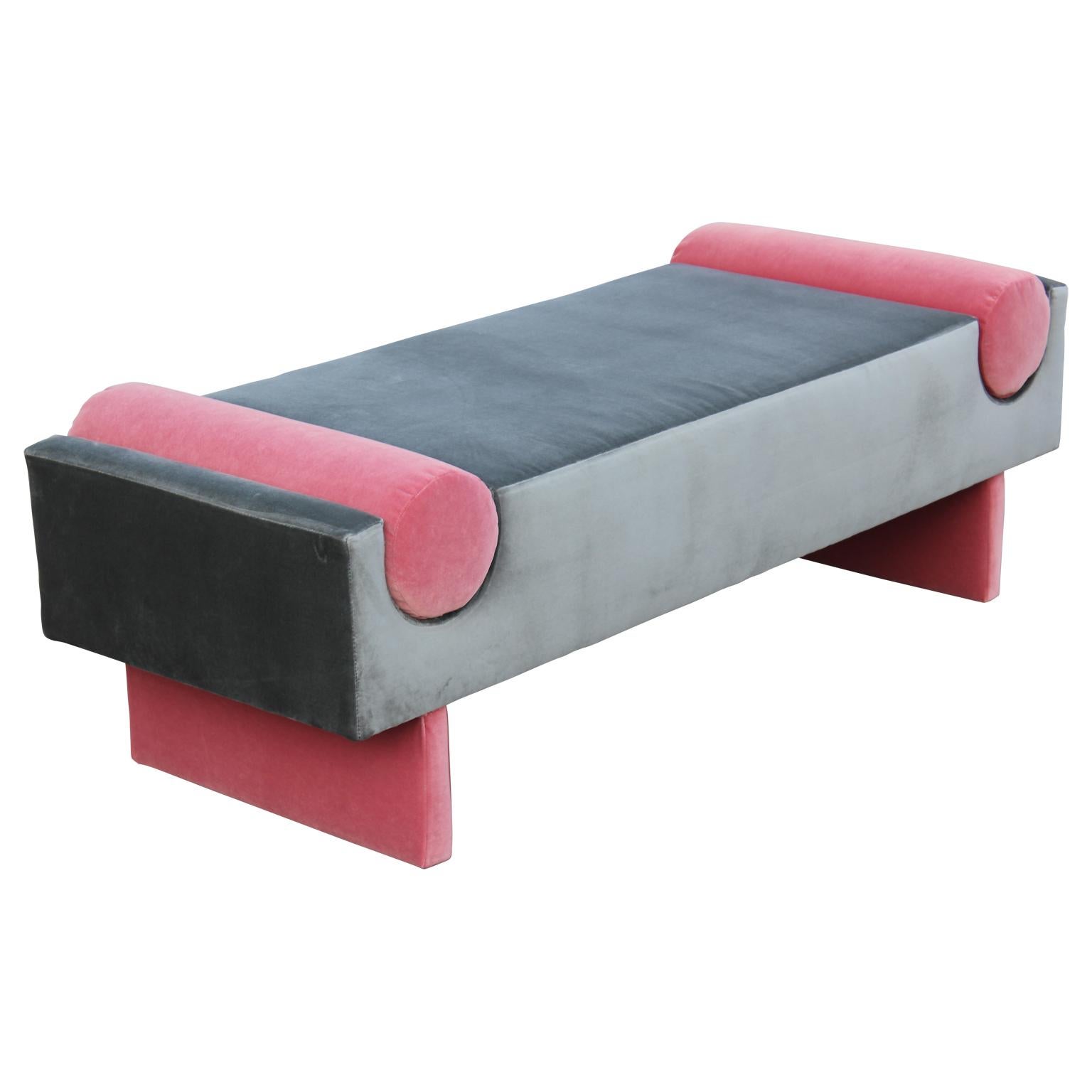American Modern Custom Bench in Dark Grey Velvet with Vibrant Pink Velvet Bolster Accents