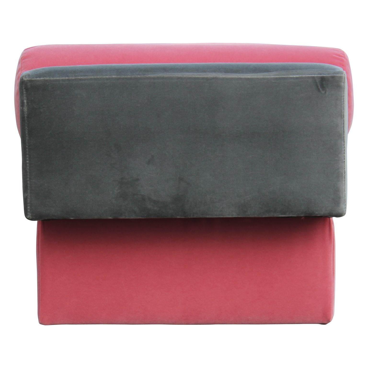 Modern Custom Bench in Dark Grey Velvet with Vibrant Pink Velvet Bolster Accents In Excellent Condition In Houston, TX