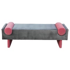 Modern Custom Bench in Dark Grey Velvet with Vibrant Pink Velvet Bolster Accents